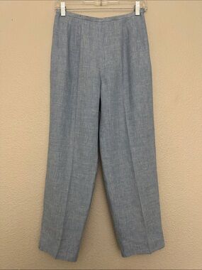 Talbots 100% Irish‎ Linen Pants Blue White Herringbone Print Size 4 Petite